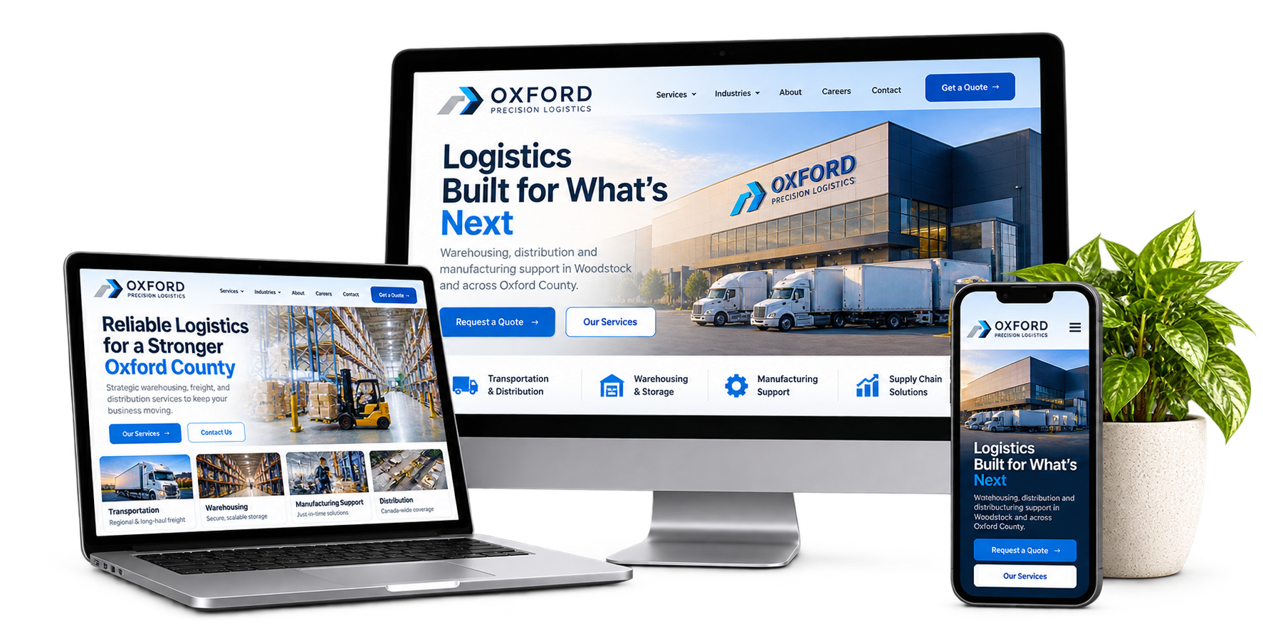 Oxford Precision Logistics fictional Woodstock logistics website concept shown across desktop laptop and mobile devices