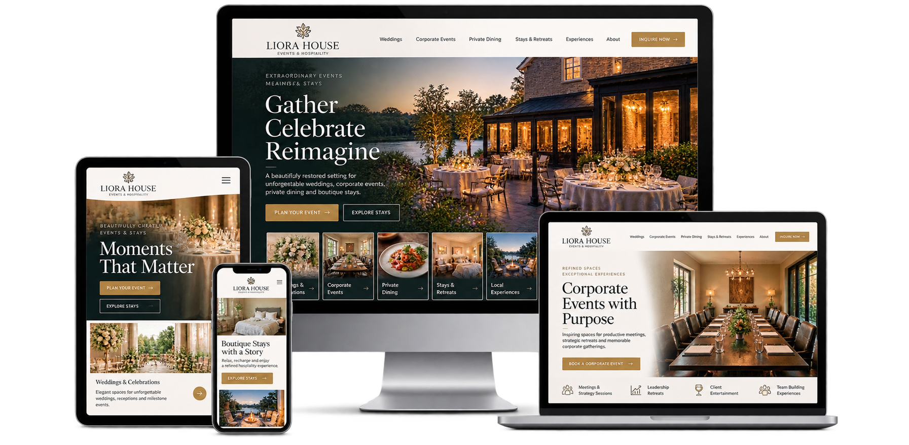 Liora House fictional Paris Ontario events and hospitality website concept shown across desktop laptop tablet and mobile devices