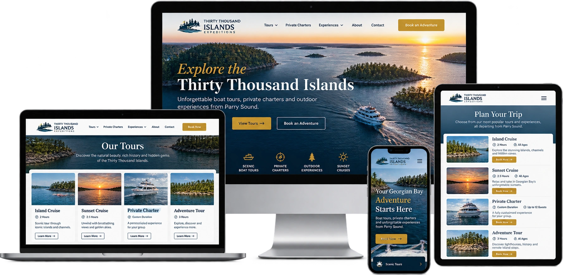 Thirty Thousand Islands Expeditions fictional Parry Sound tourism website shown across desktop laptop tablet and mobile devices