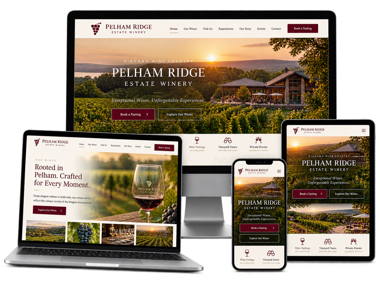 Pelham Ridge Estate Winery fictional Pelham winery website shown across desktop tablet and mobile devices