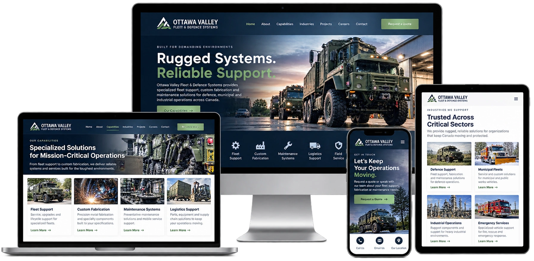 Ottawa Valley Fleet and Defence Systems fictional Pembroke fleet support website shown across desktop laptop tablet and mobile devices