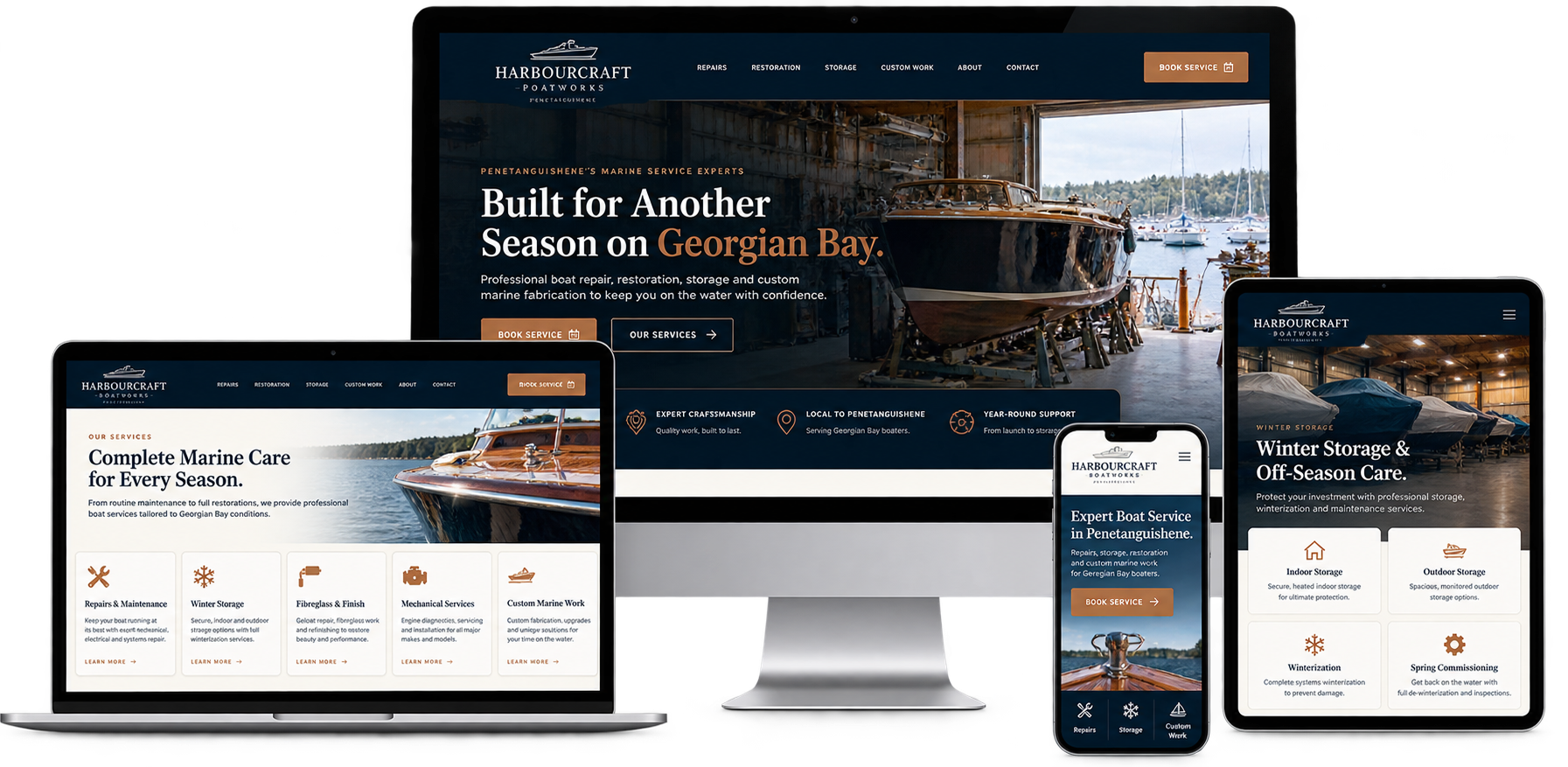Fictional Penetanguishene custom home and cottage website shown across desktop laptop tablet and mobile devices