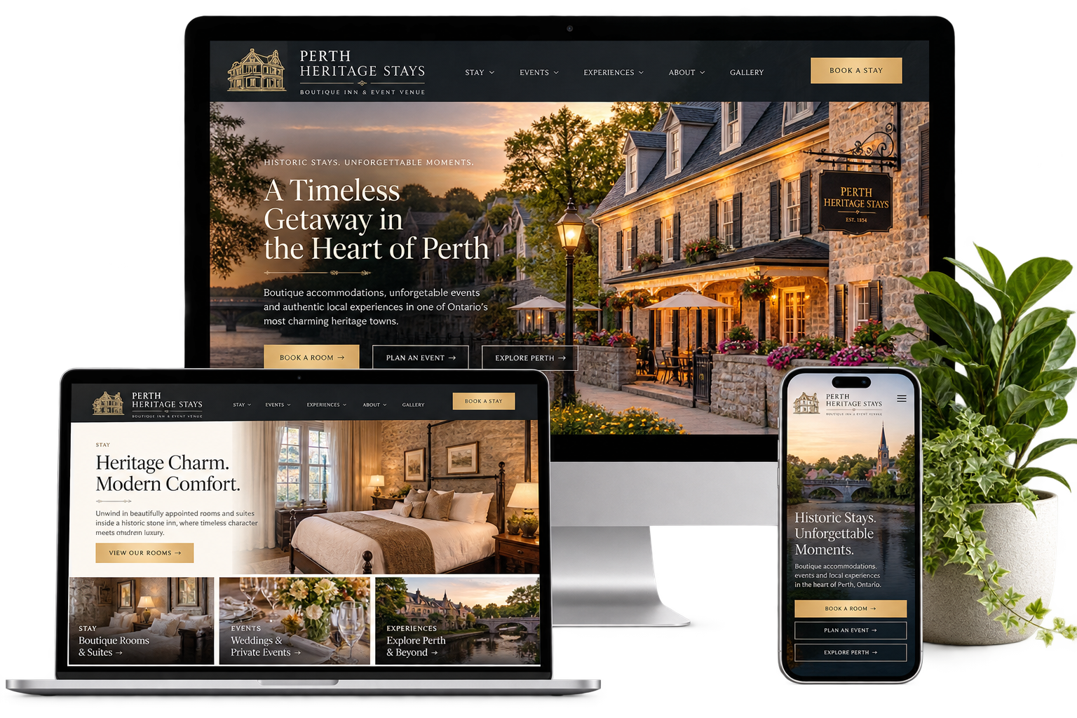 Perth Heritage Stays fictional Perth hospitality website shown across desktop laptop and mobile devices
