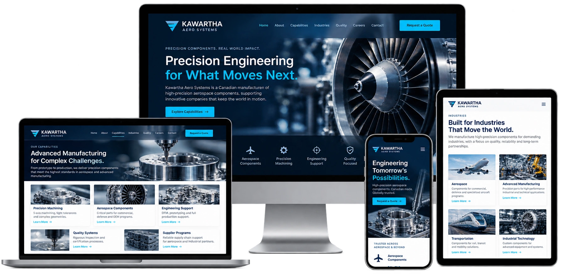 Kawartha Aero Systems fictional Peterborough aerospace website shown across desktop laptop tablet and mobile devices