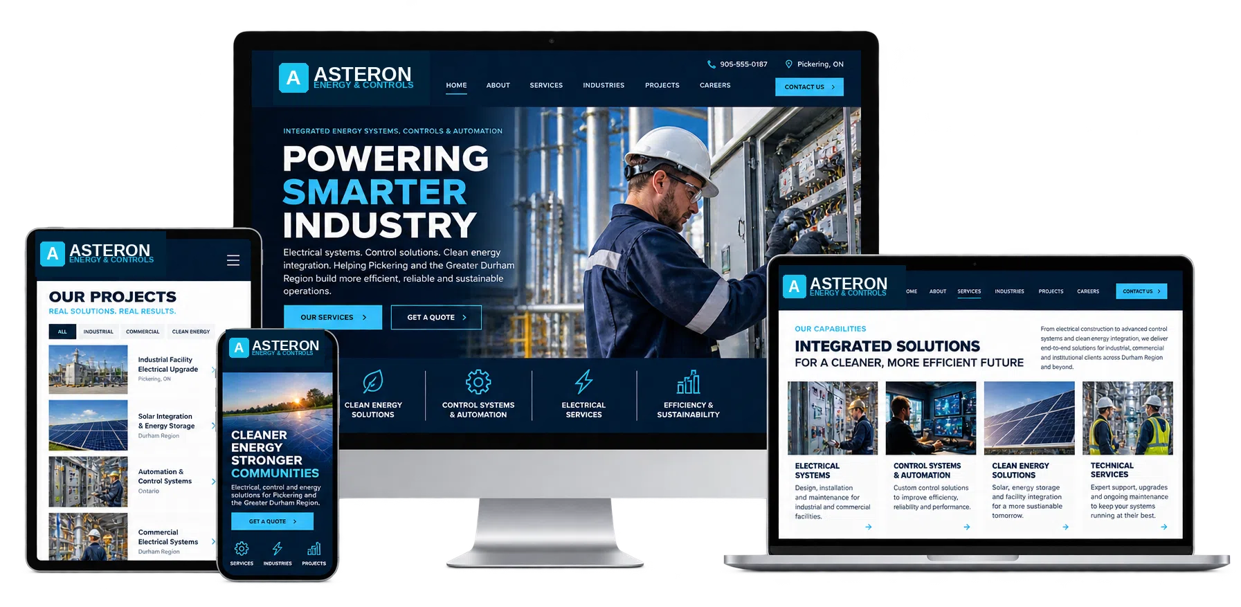 Asteron Energy and Controls fictional website concept for Pickering shown across desktop laptop tablet and mobile devices