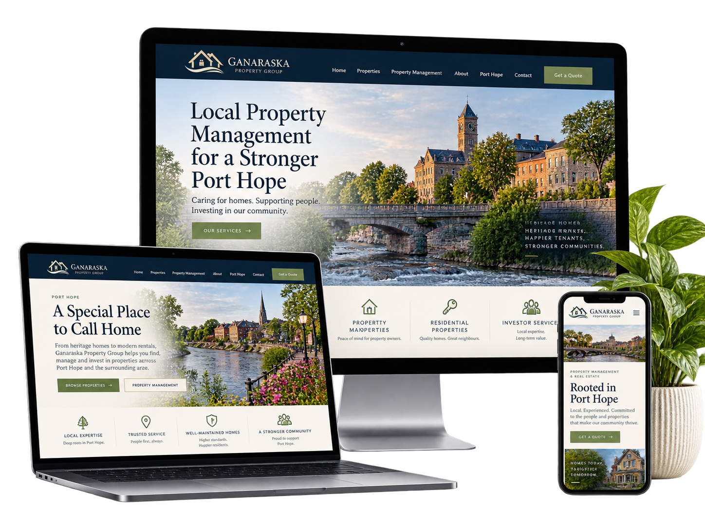Ganaraska Property Group fictional Port Hope property services website shown on desktop laptop and mobile devices