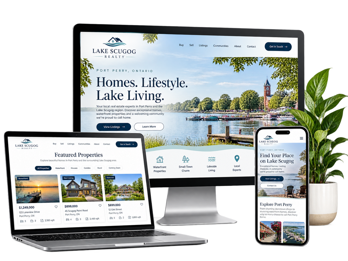 Lake Scugog Realty fictional Port Perry real estate website shown on desktop laptop and mobile devices