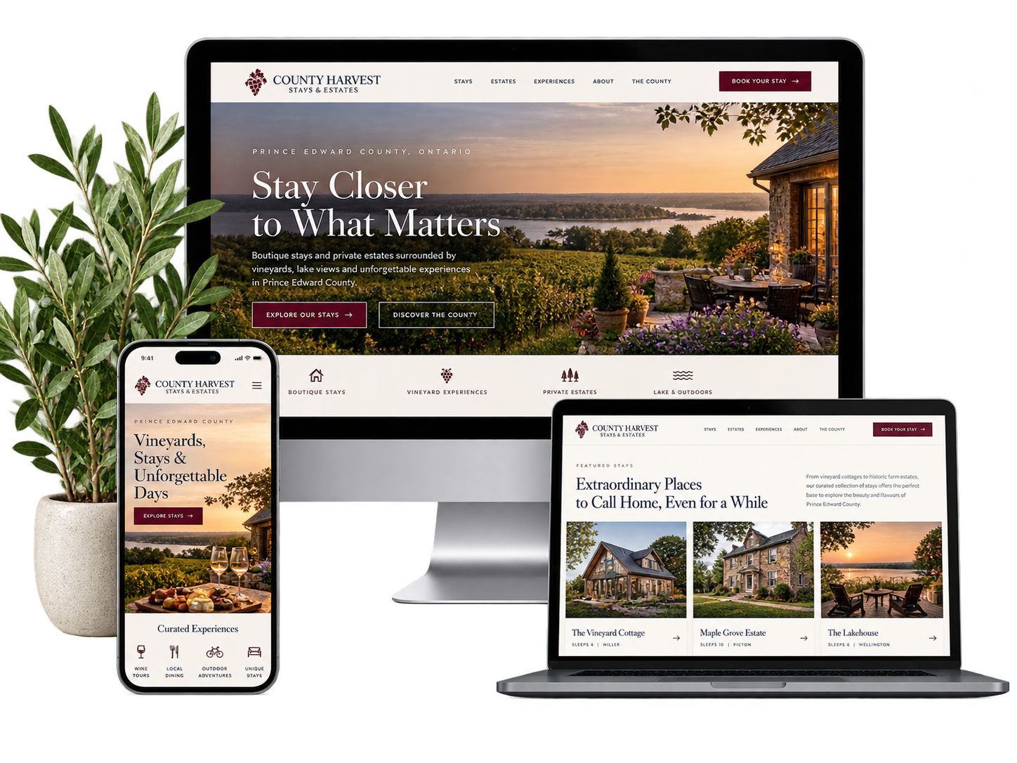 County Harvest Stays and Estates fictional Prince Edward County hospitality website shown across desktop laptop and mobile devices