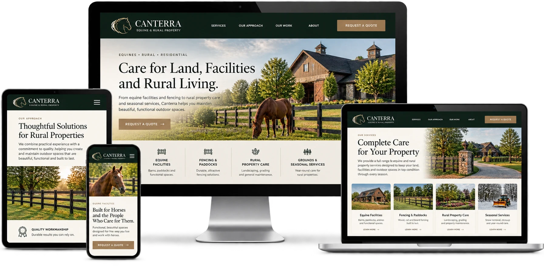 Canterra Equine & Rural Property fictional Puslinch website shown across desktop laptop tablet and mobile devices