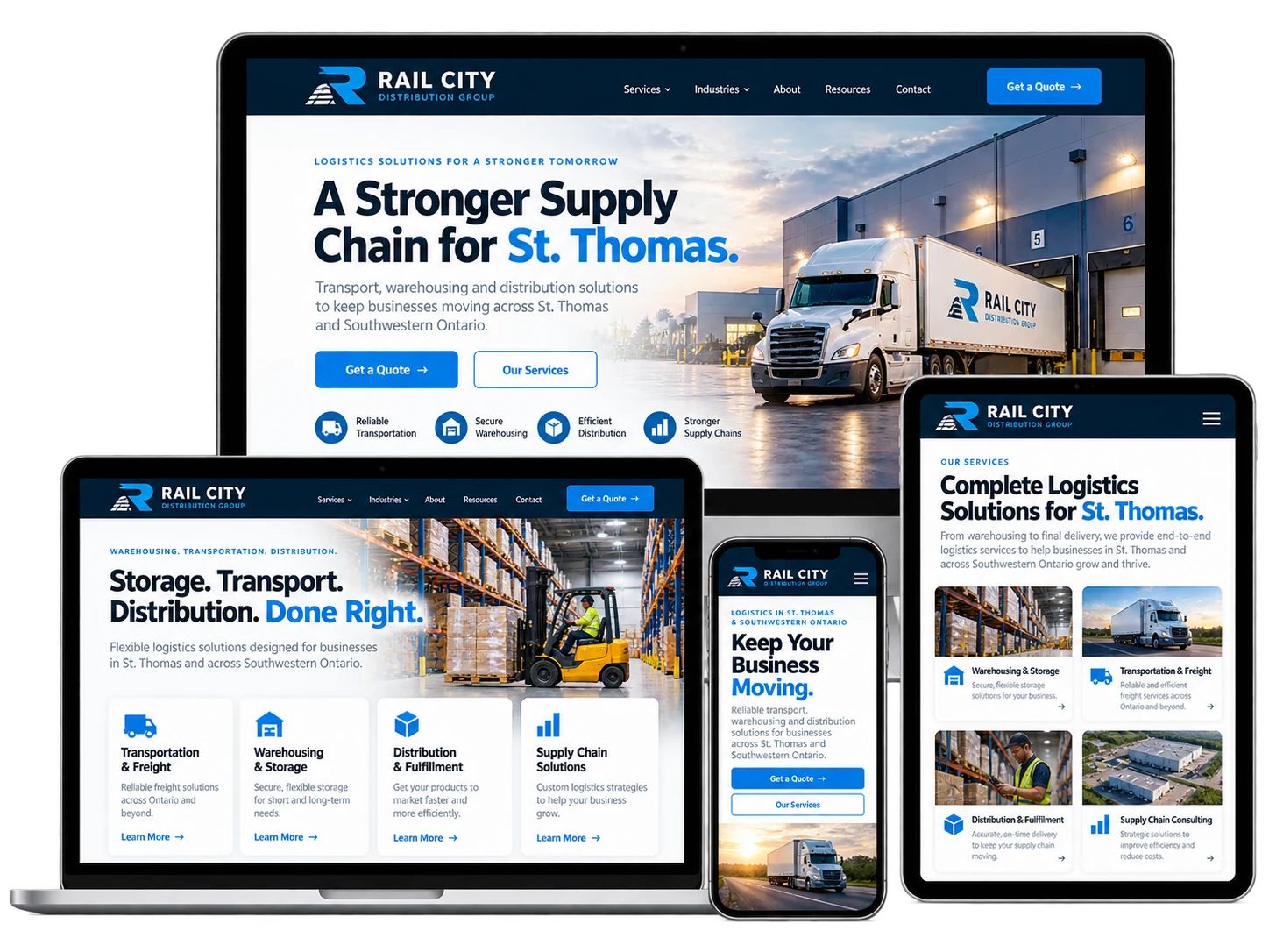 Rail City Distribution Group fictional St. Thomas logistics website shown across desktop, laptop, tablet and mobile devices