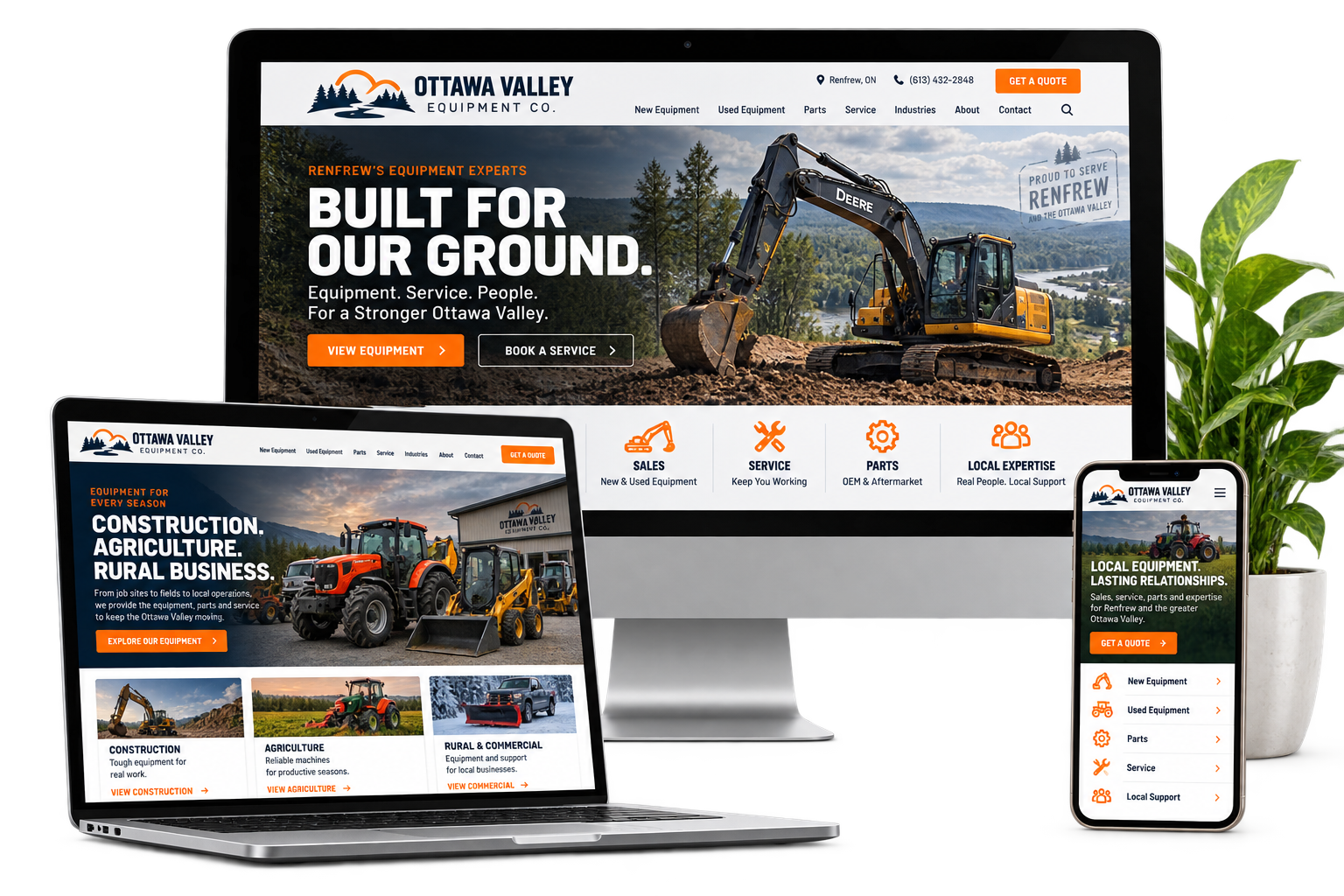 Ottawa Valley Equipment fictional Renfrew equipment website shown across desktop laptop and mobile devices