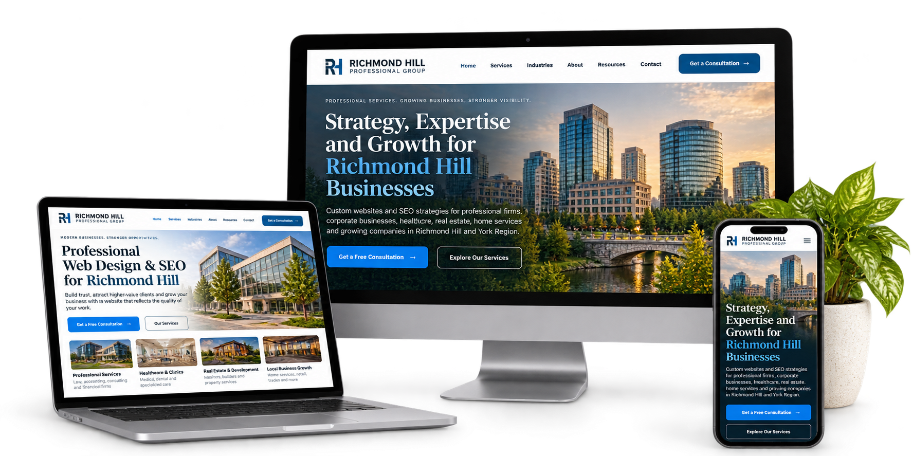 Richmond Hill Professional Group fictional website concept shown across desktop laptop and mobile devices