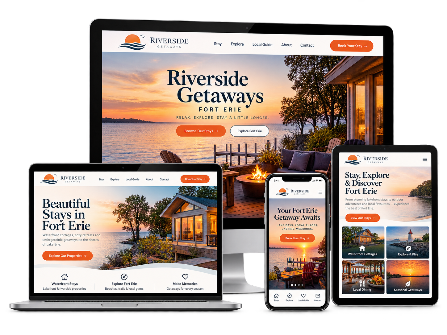 Riverside Getaways fictional Fort Erie tourism website shown across desktop tablet and mobile devices