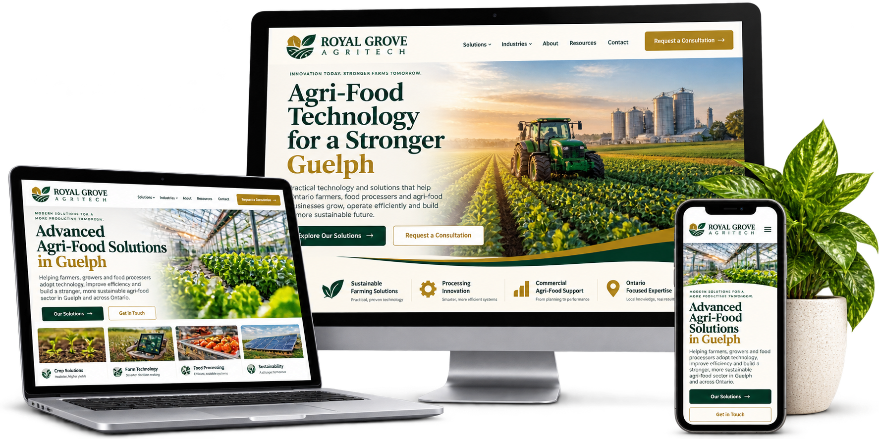 Royal Grove AgriTech fictional Guelph agri-food technology website concept shown across desktop laptop and mobile devices