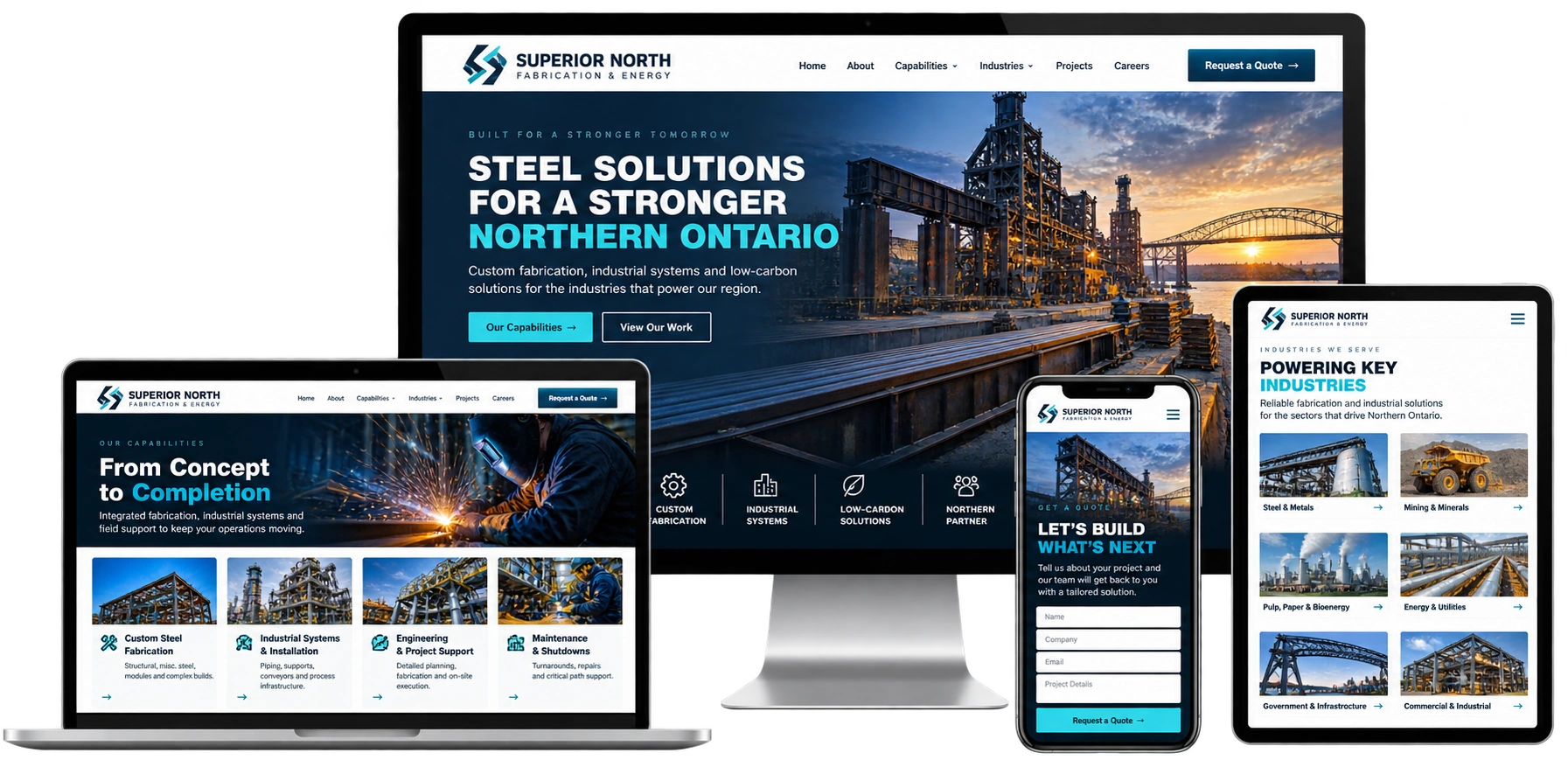 Superior North Fabrication and Energy fictional Sault Ste. Marie industrial website shown across desktop laptop tablet and mobile devices