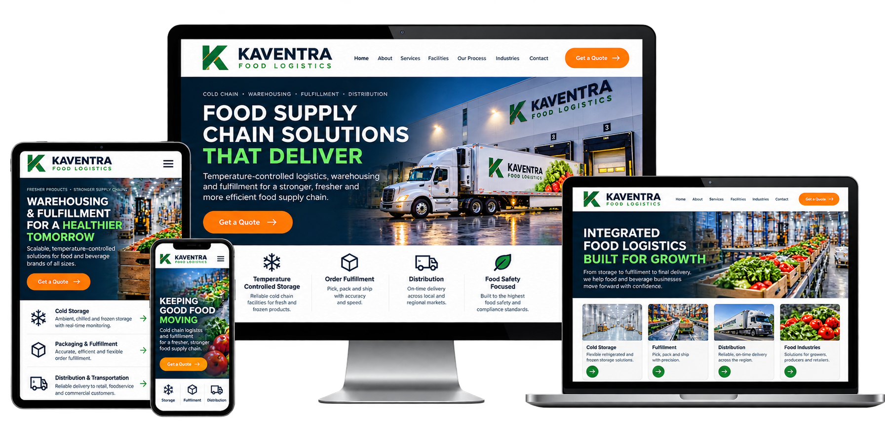 Kaventra Food Logistics fictional website concept for Scarborough shown across desktop laptop tablet and mobile devices