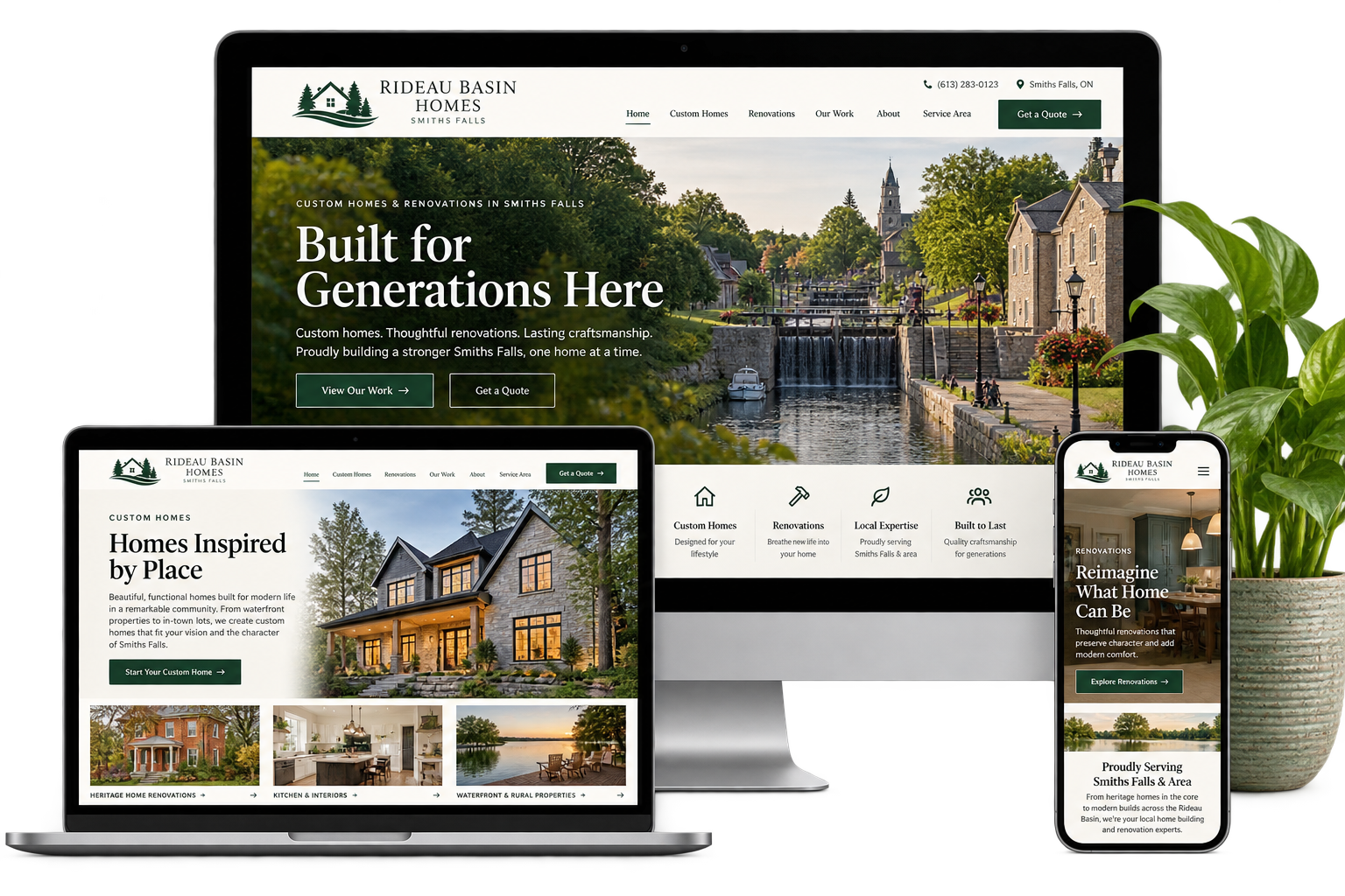 Rideau Basin Homes fictional Smiths Falls custom home website shown across desktop laptop and mobile devices