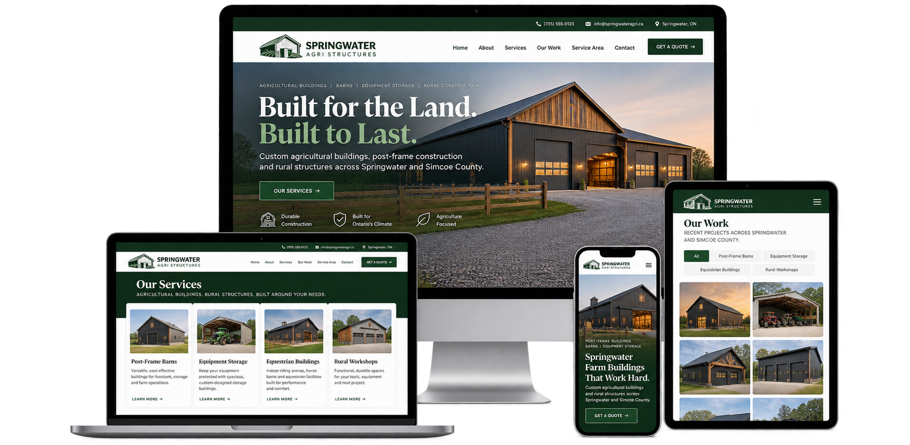 Fictional Springwater custom home and renovation website shown across desktop laptop tablet and mobile devices