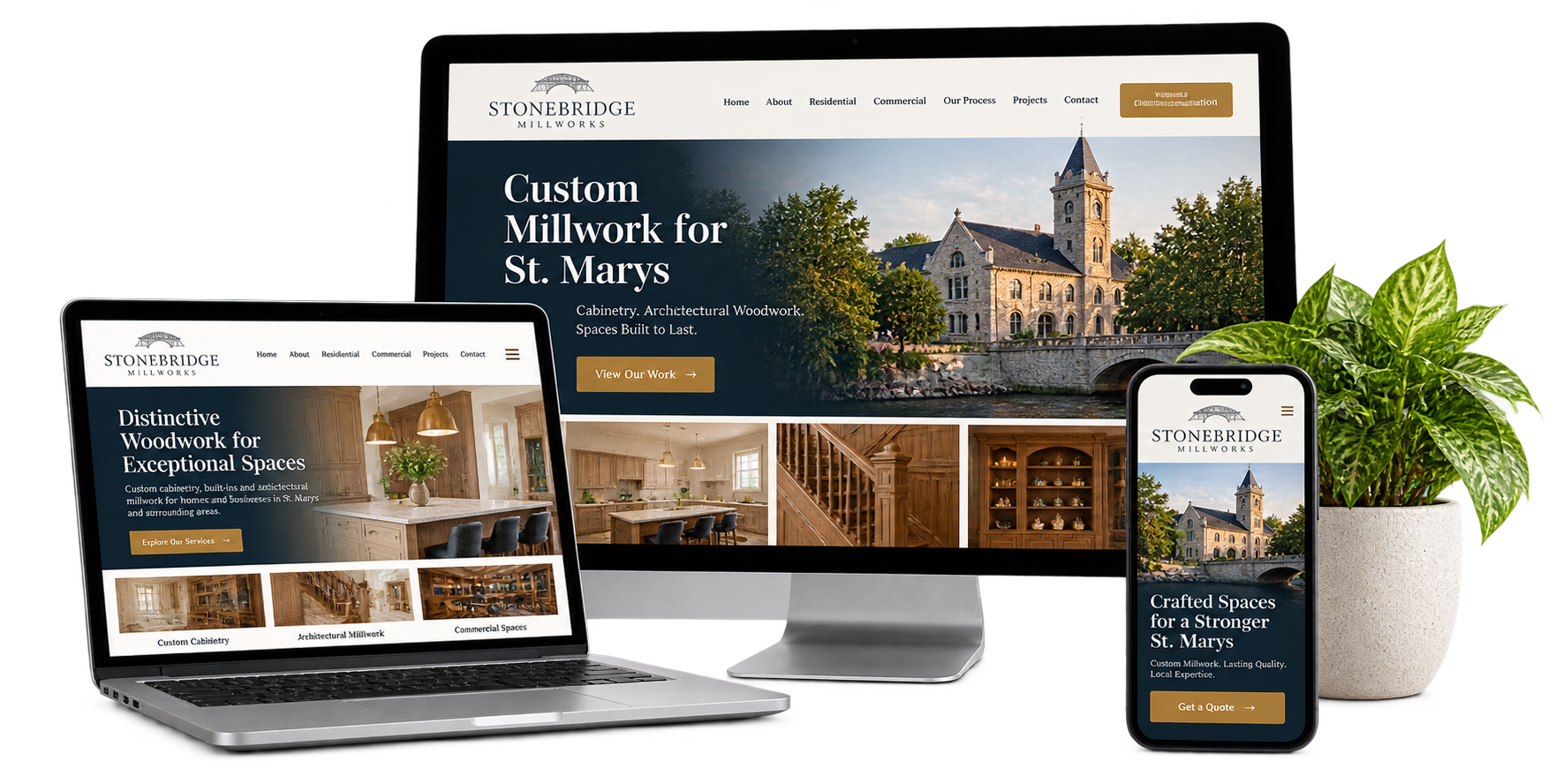 Stonebridge Millworks fictional St. Marys custom millwork website concept shown across desktop laptop and mobile devices