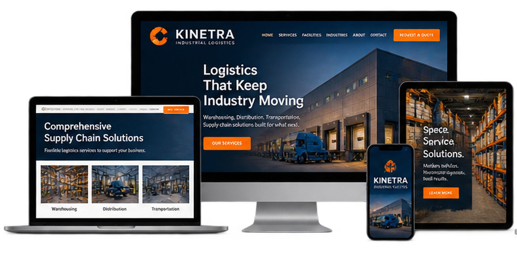 Kinetra Industrial Logistics fictional Stoney Creek logistics website concept shown across desktop laptop tablet and mobile devices