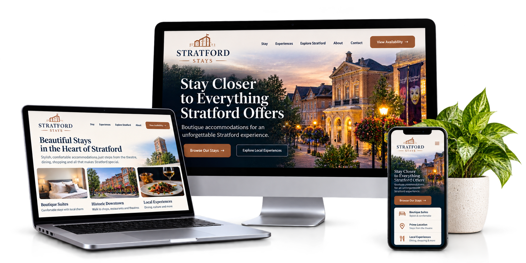 Stratford Stays fictional boutique accommodation website concept shown across desktop laptop and mobile devices