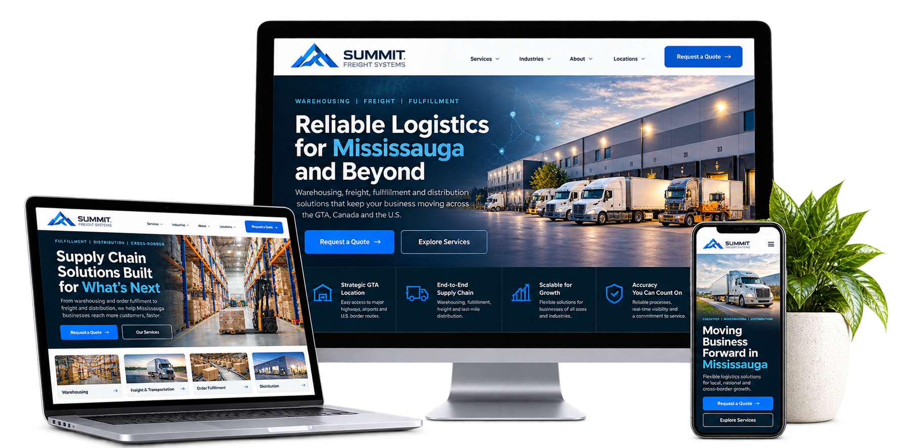 Summit Freight Systems fictional Mississauga logistics website concept shown across desktop laptop and mobile devices
