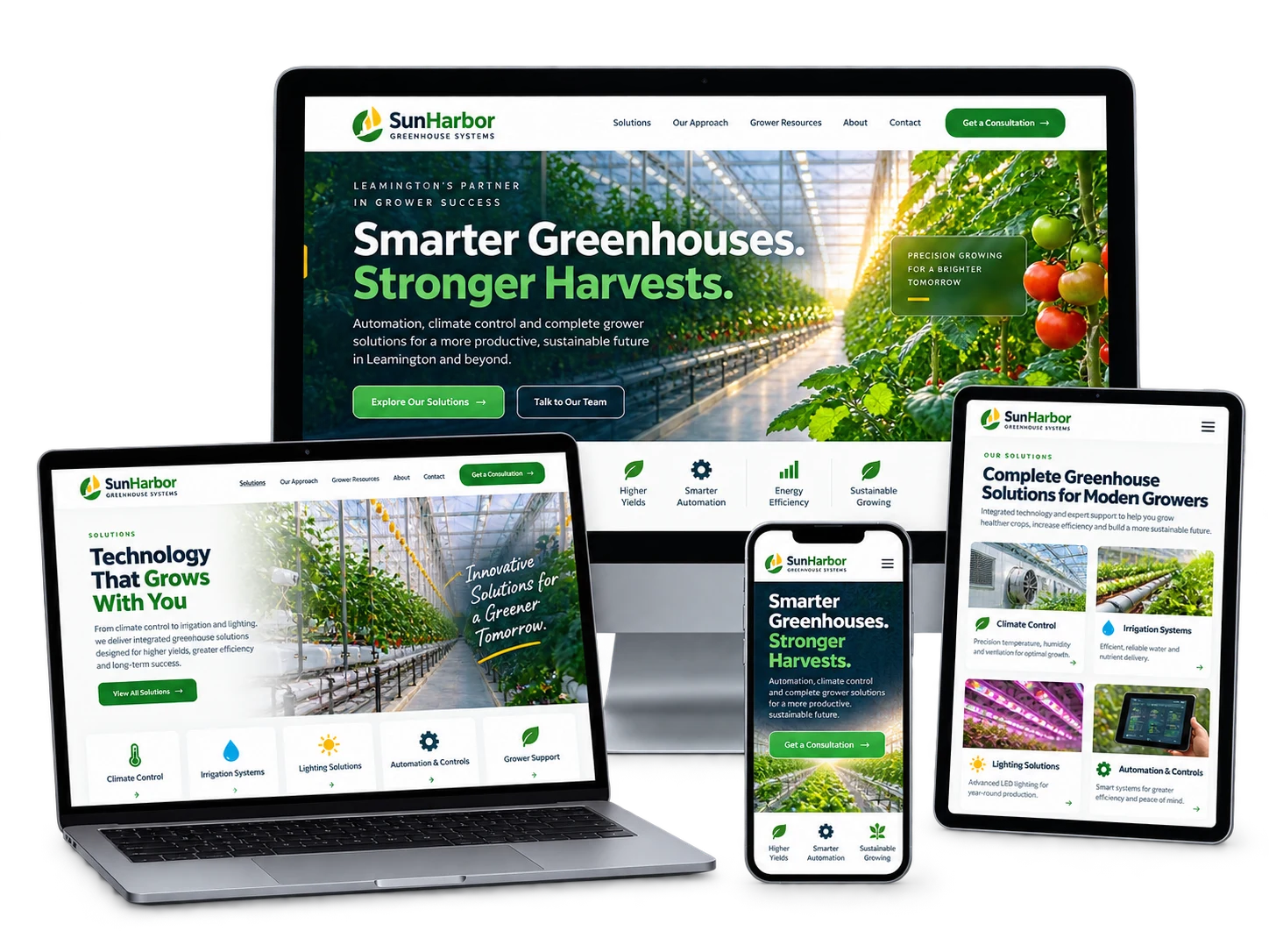 SunHarbor Greenhouse Systems fictional Leamington greenhouse technology website shown across desktop, laptop, tablet and mobile devices