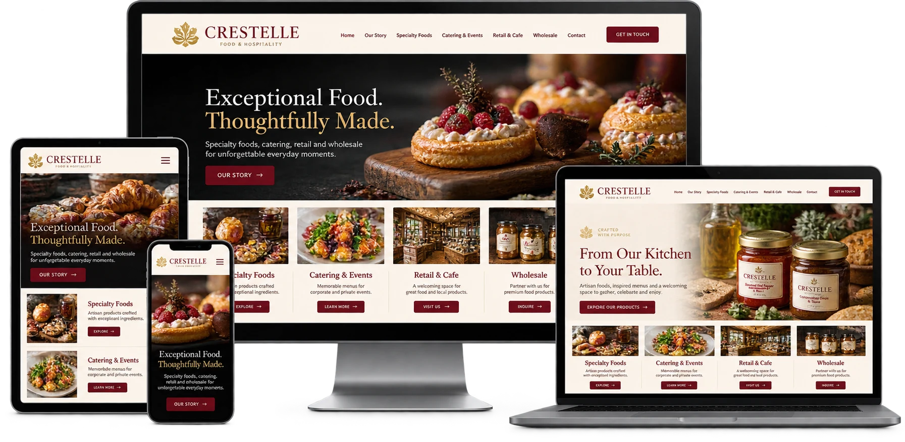 Crestelle Food & Hospitality fictional Tavistock website shown across desktop laptop tablet and mobile devices