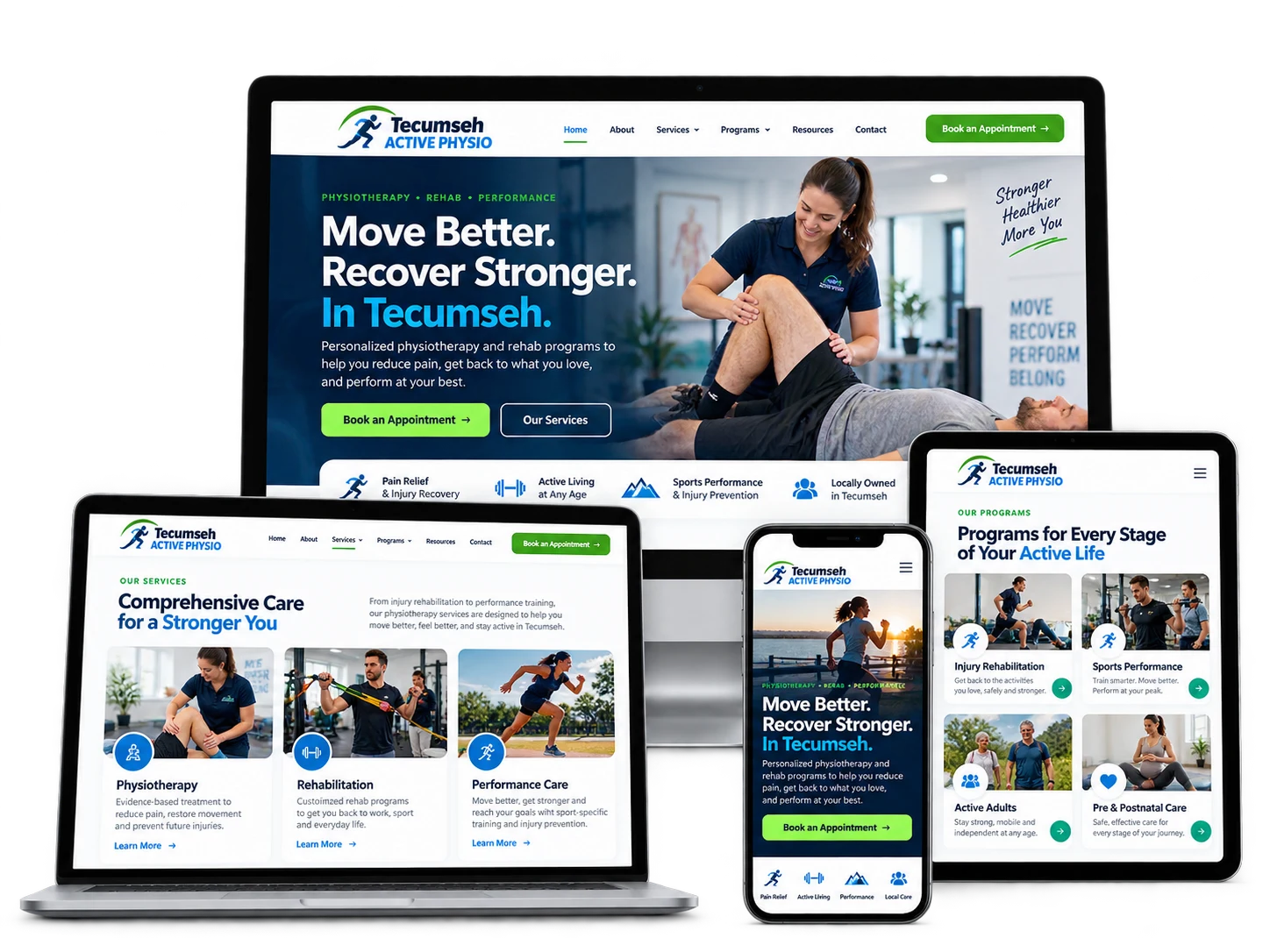 Tecumseh Active Physio fictional physiotherapy and rehabilitation website shown across desktop, laptop, tablet and mobile devices