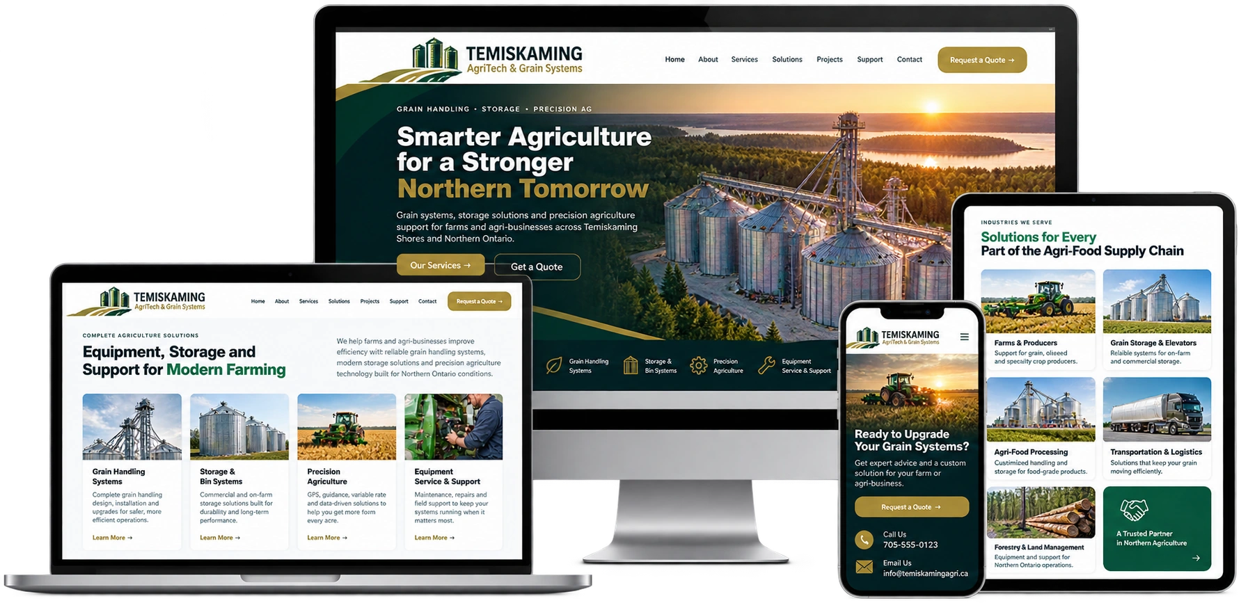 Temiskaming AgriTech and Grain Systems fictional Temiskaming Shores agriculture website shown across desktop laptop tablet and mobile devices