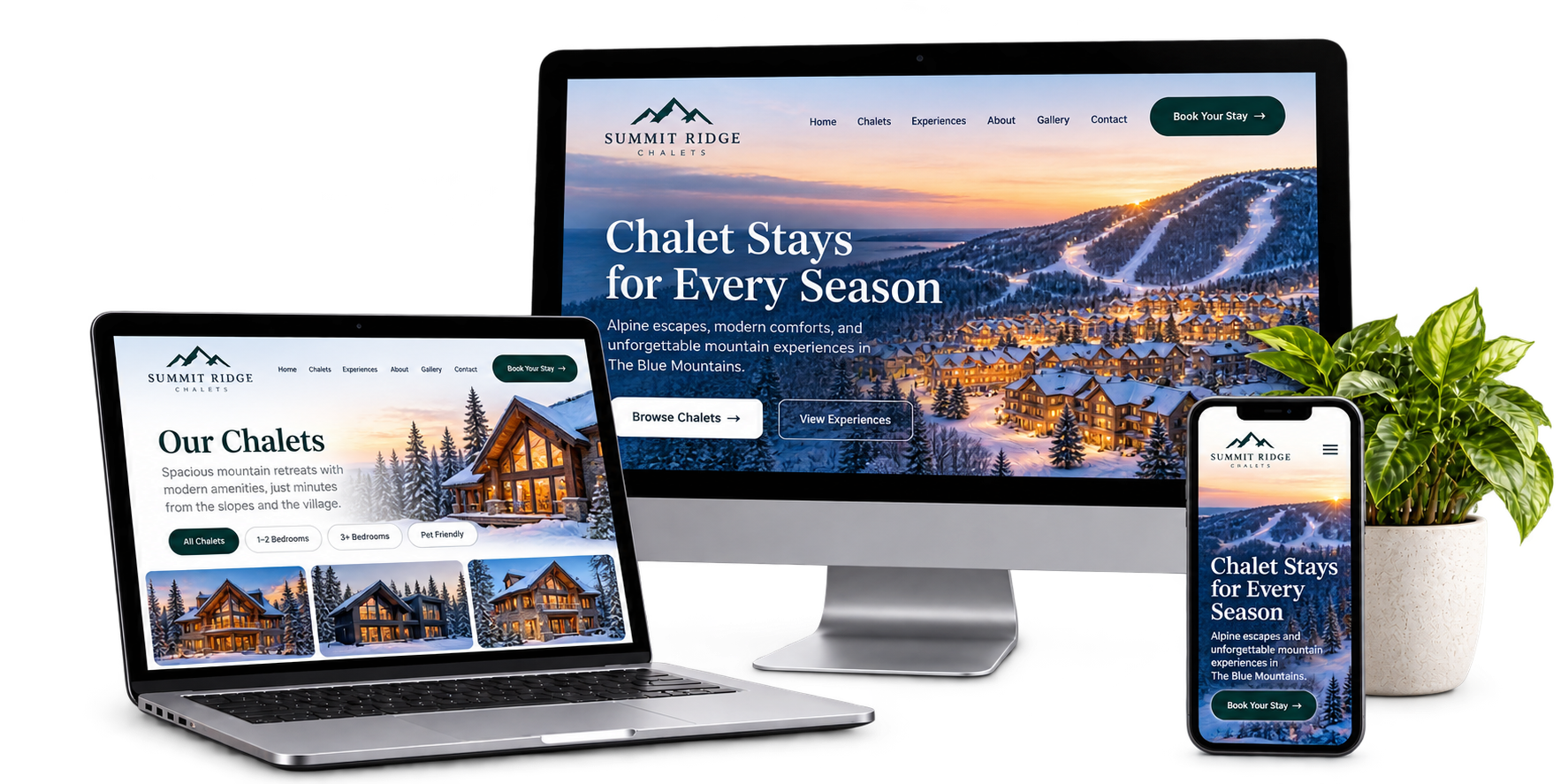 Summit Ridge Chalets fictional Blue Mountains accommodation website concept shown across desktop laptop and mobile devices