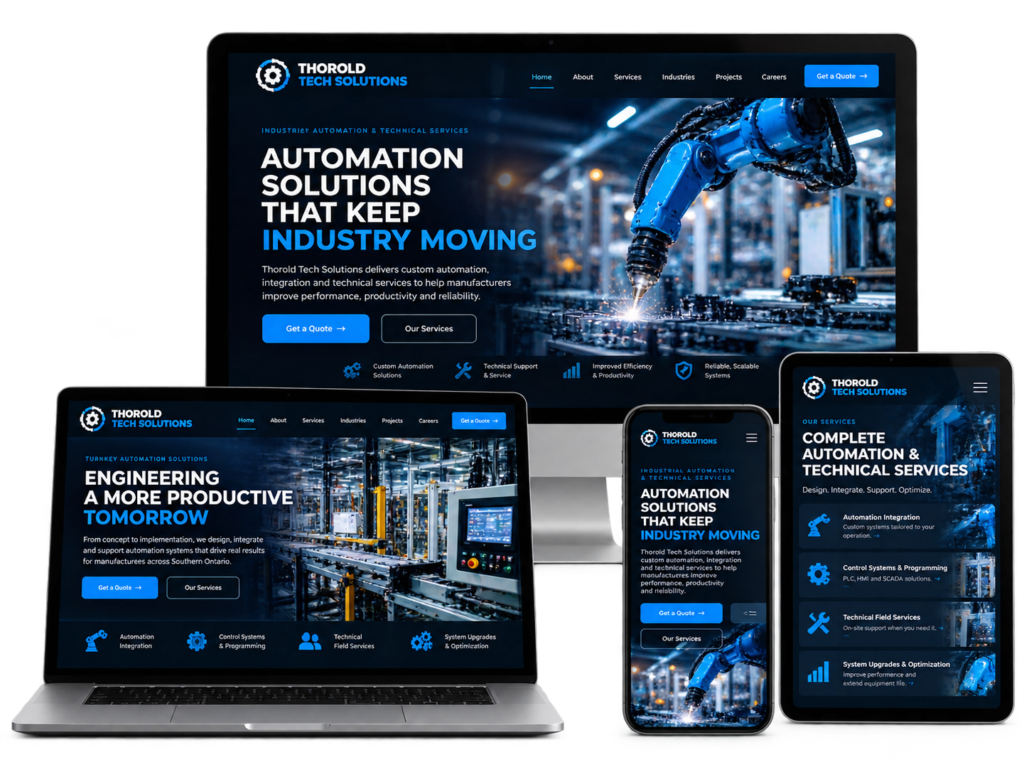 Thorold Tech Solutions fictional Thorold automation website shown across desktop tablet and mobile devices