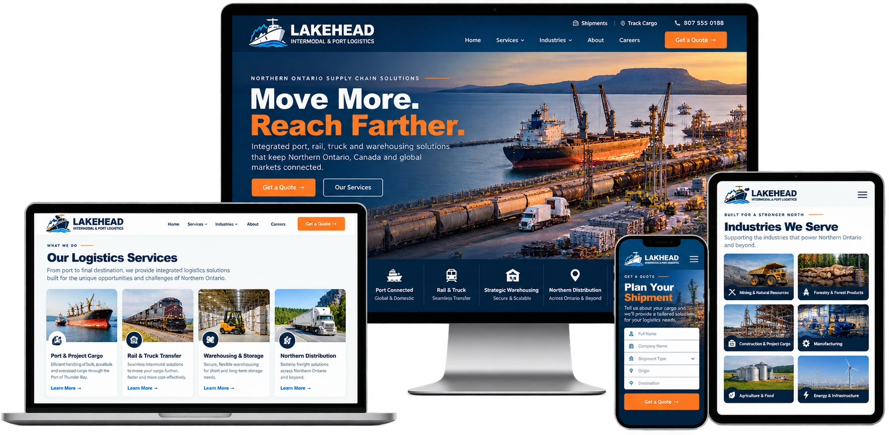 Lakehead Intermodal and Port Logistics fictional Thunder Bay logistics website shown across desktop laptop tablet and mobile devices