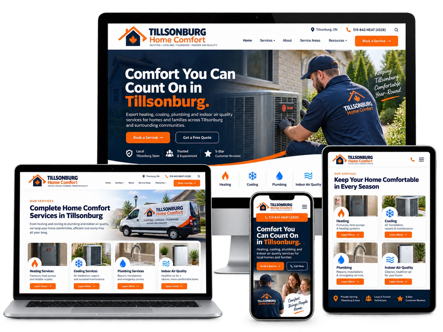 Tillsonburg Home Comfort fictional HVAC and plumbing website shown across desktop, laptop, tablet and mobile devices
