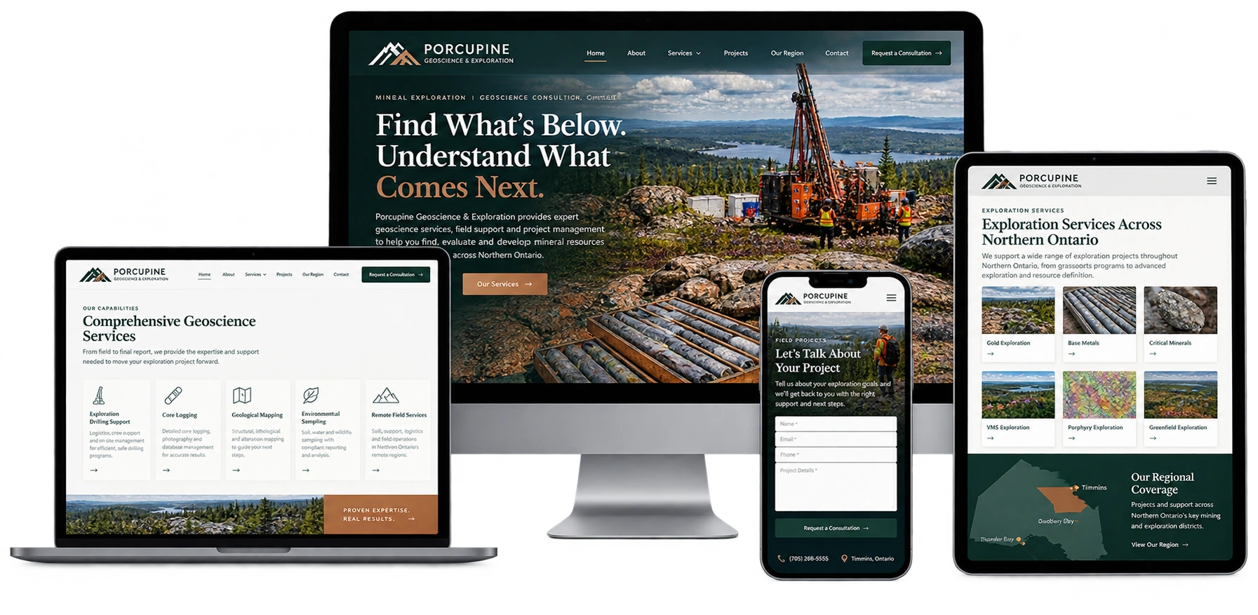 Porcupine Geoscience and Exploration fictional Timmins mineral exploration website shown across desktop laptop tablet and mobile devices