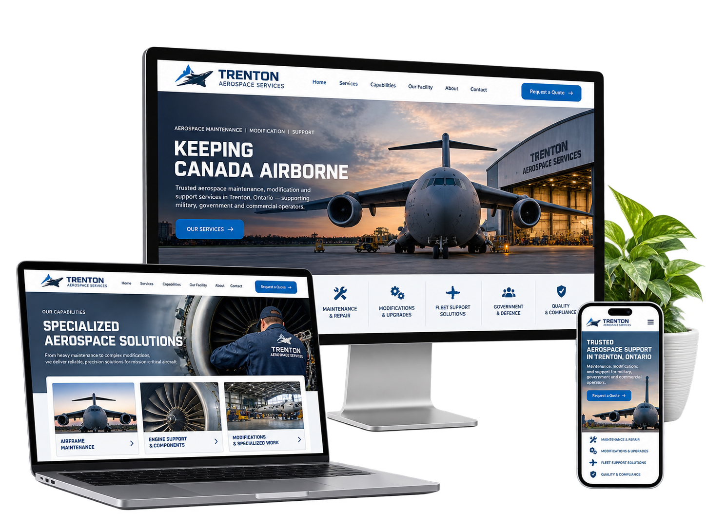 Trenton Aerospace Services fictional aerospace website shown across desktop laptop and mobile devices