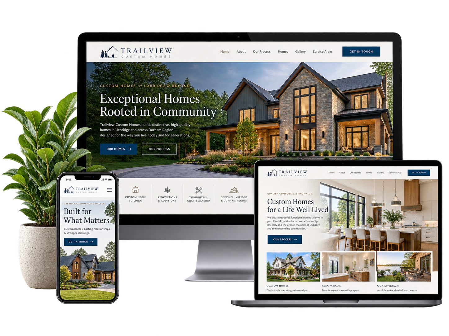 Trailview Custom Homes fictional Uxbridge builder website shown across desktop laptop and mobile devices