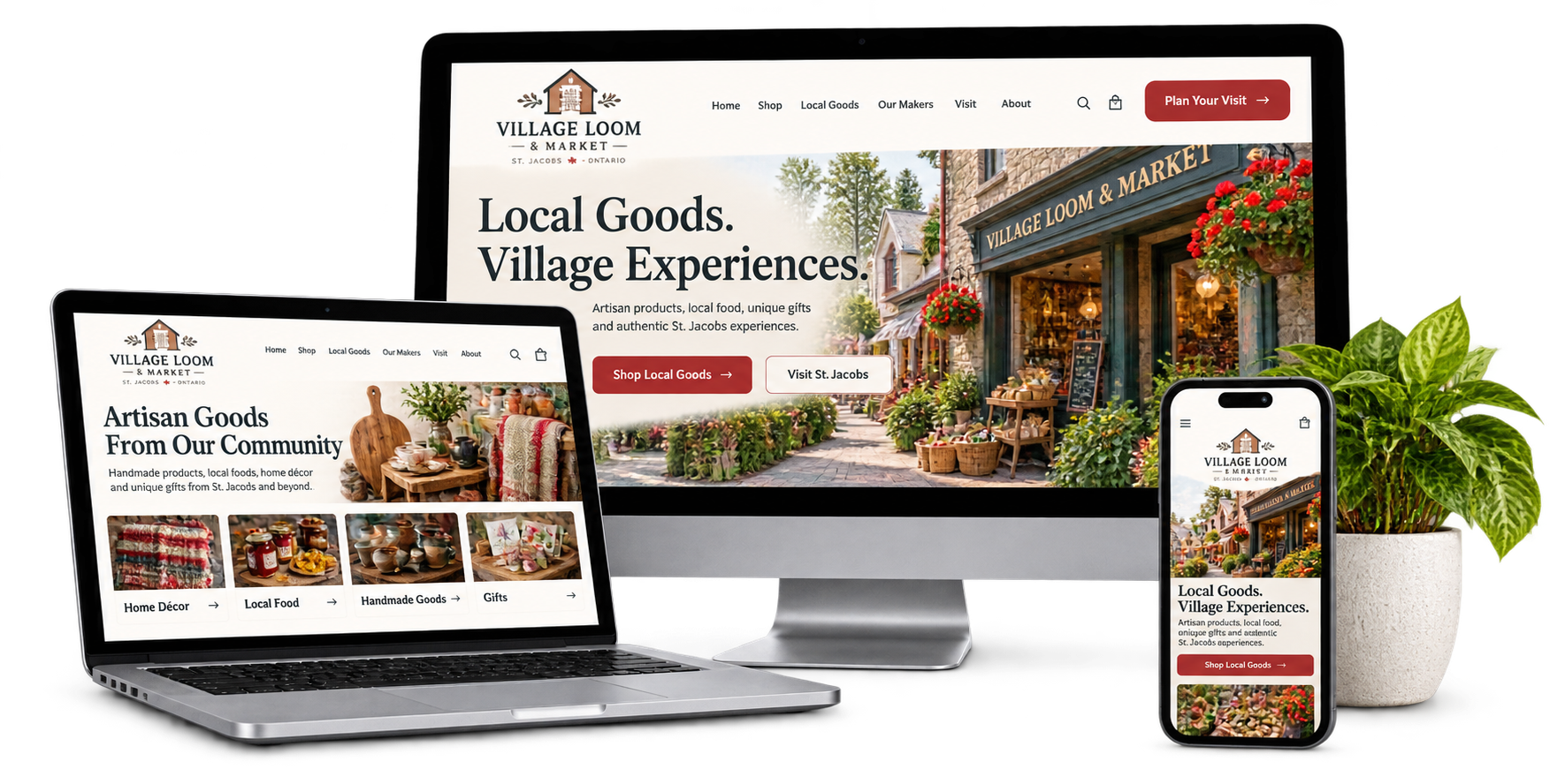 Village Loom and Market fictional St. Jacobs artisan market website concept shown across desktop laptop and mobile devices
