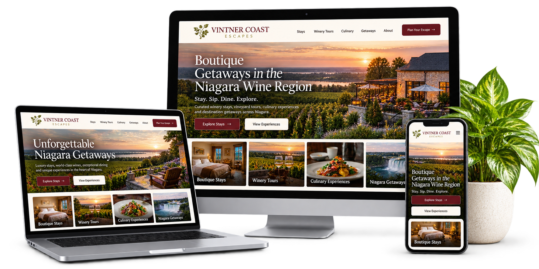 Vintner Coast Escapes fictional Niagara hospitality website concept shown across desktop laptop and mobile devices