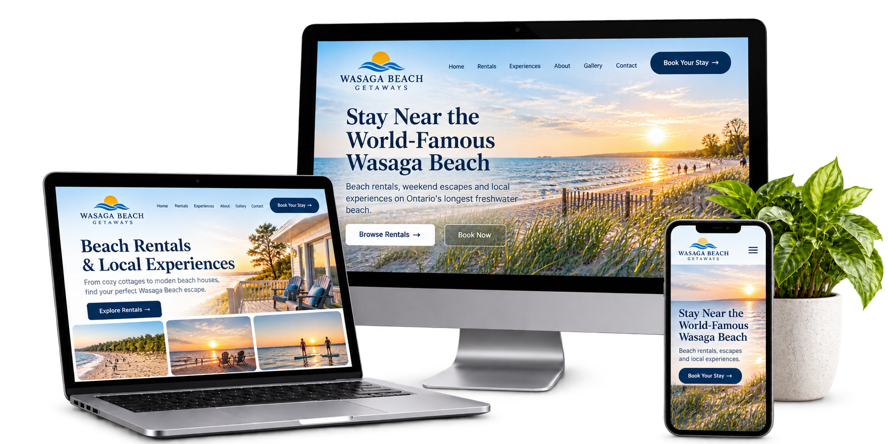 Wasaga Beach Getaways fictional accommodation and local experiences website concept shown across desktop laptop and mobile devices