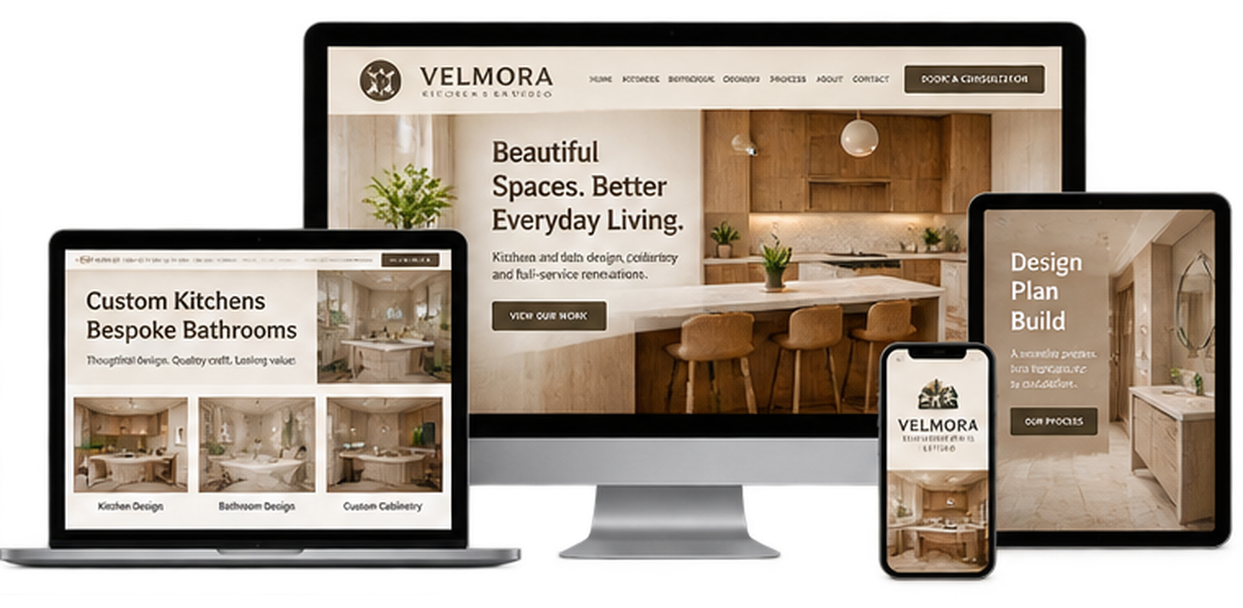 Velmora Kitchen and Bath Studio fictional Waterdown renovation website concept shown across desktop laptop tablet and mobile devices