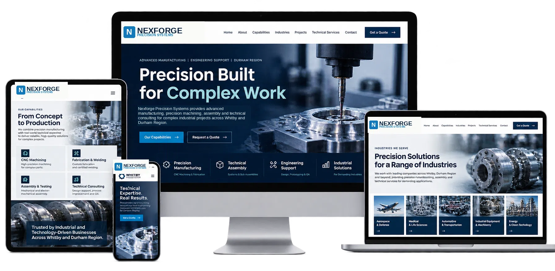 Nexforge Precision Systems fictional website concept for Whitby shown across desktop laptop tablet and mobile devices