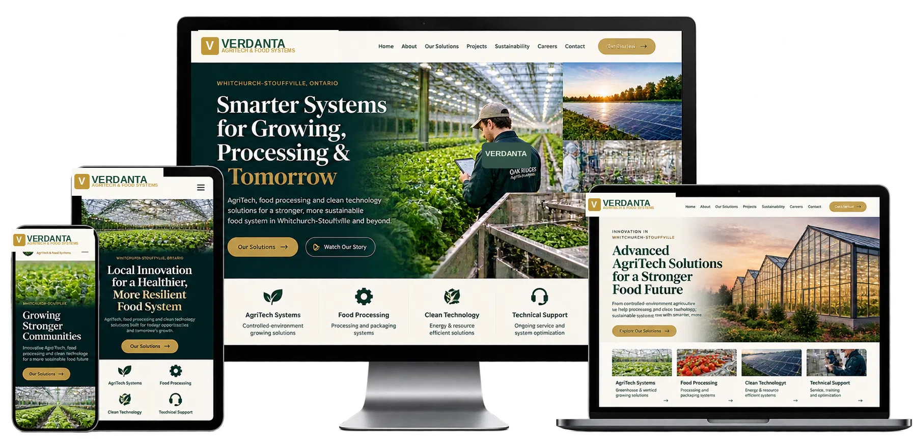 Verdanta AgriTech and Food Systems fictional website concept for Whitchurch-Stouffville shown across desktop laptop tablet and mobile devices