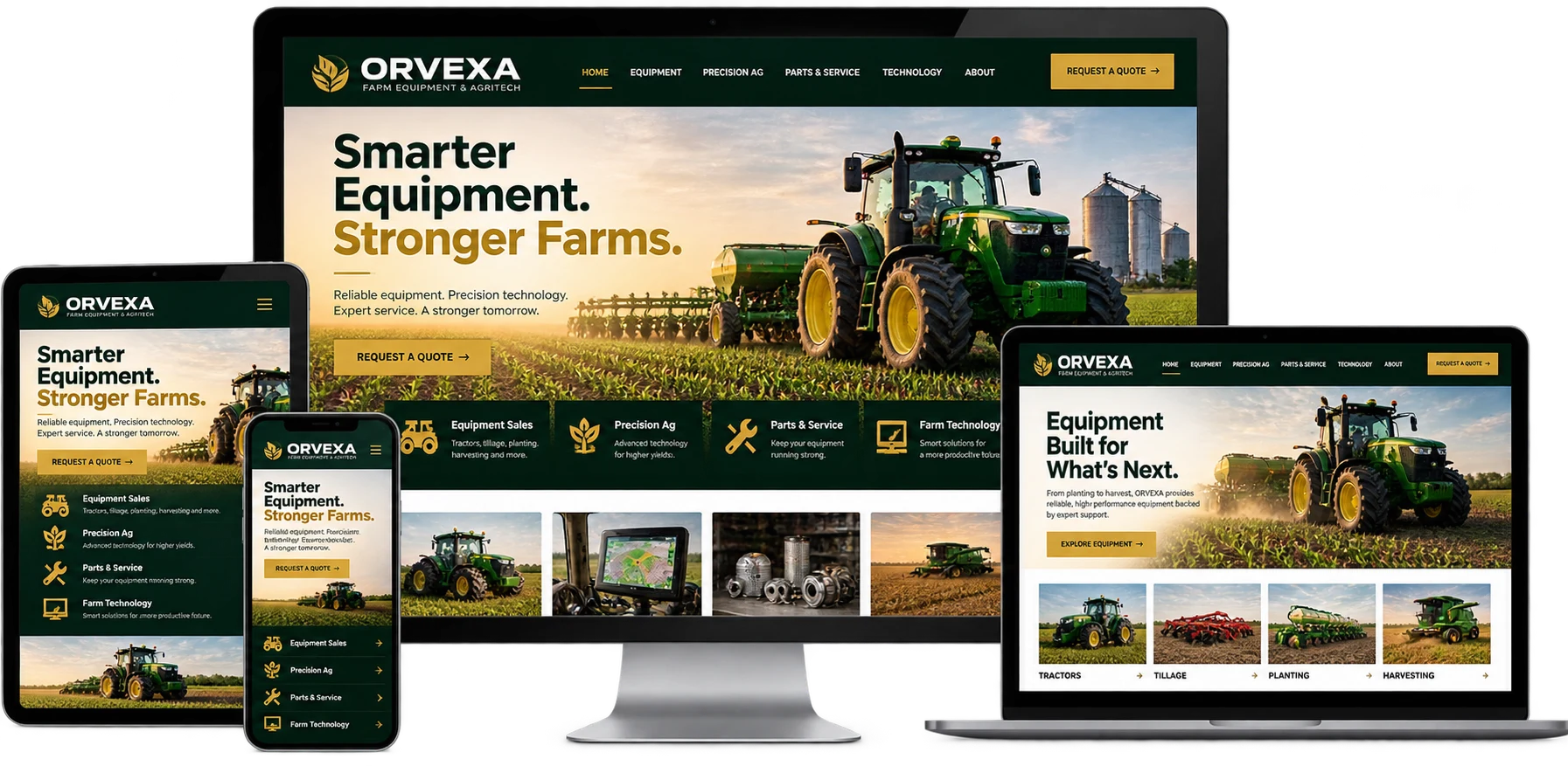 Orvexa Farm Equipment & AgriTech fictional Woolwich website shown across desktop laptop tablet and mobile devices