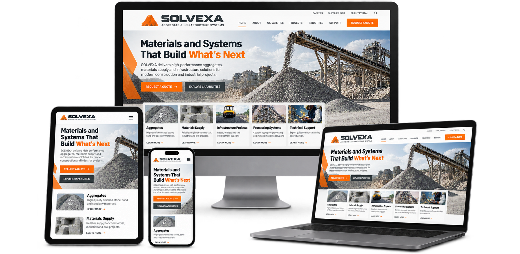 Solvexa Aggregate & Infrastructure Systems fictional Zorra website shown across desktop laptop tablet and mobile devices