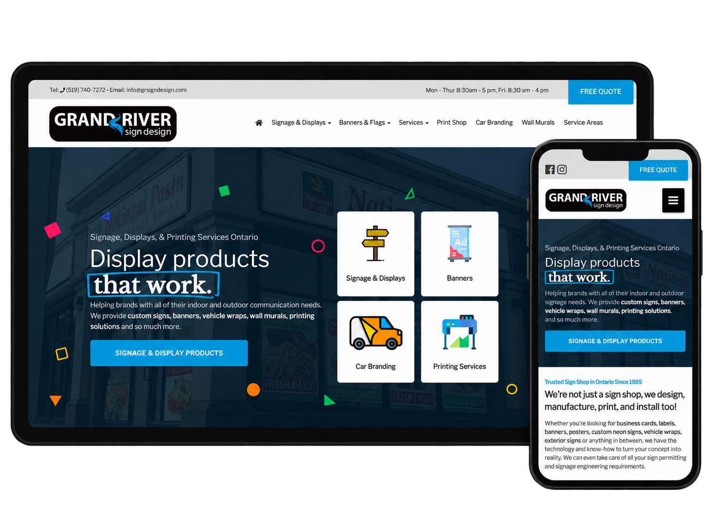 Grand River Sign Design responsive website shown on desktop and mobile devices, designed by DotConnex