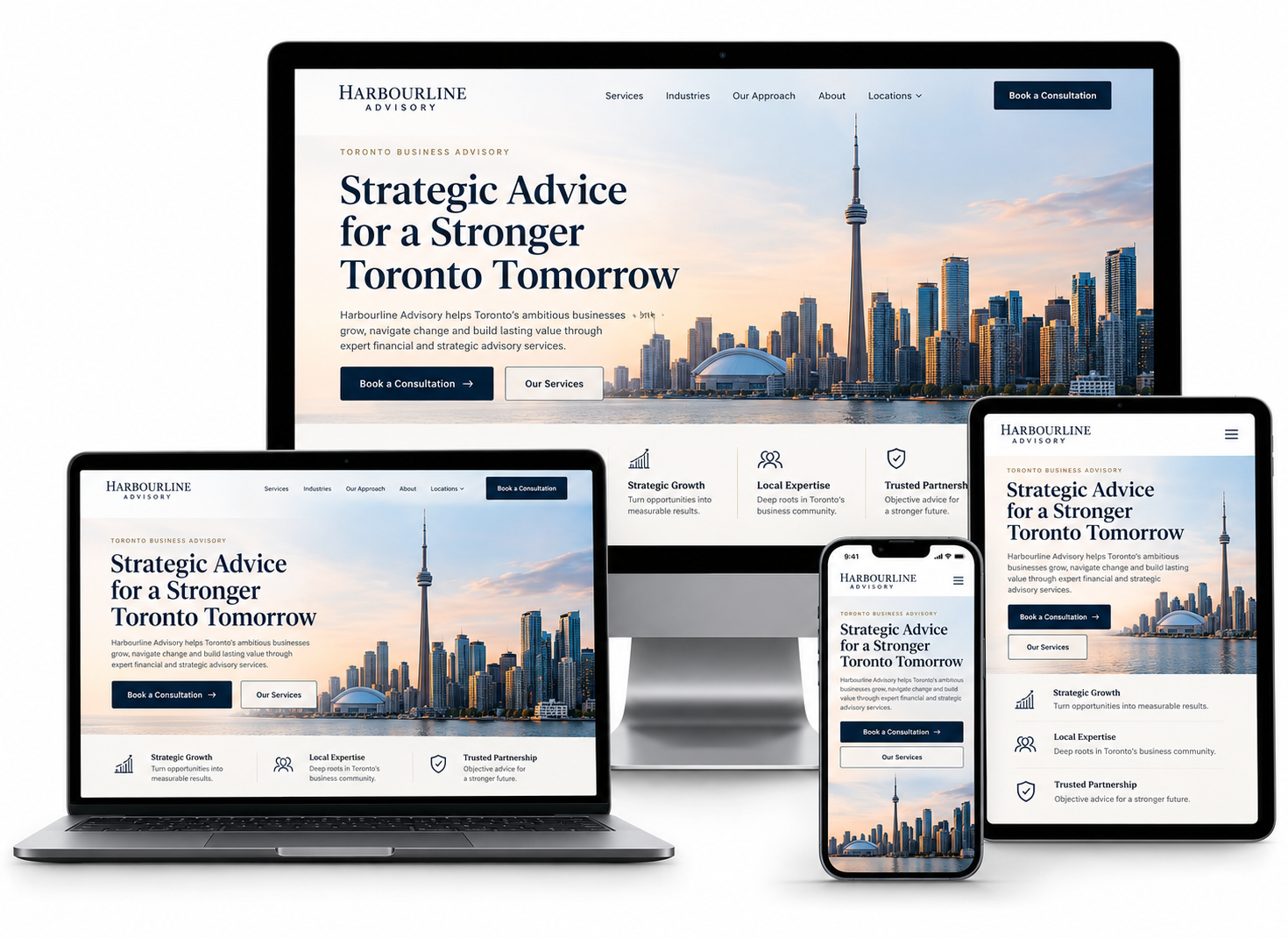 Responsive Toronto business website design shown across desktop, laptop, tablet and mobile devices