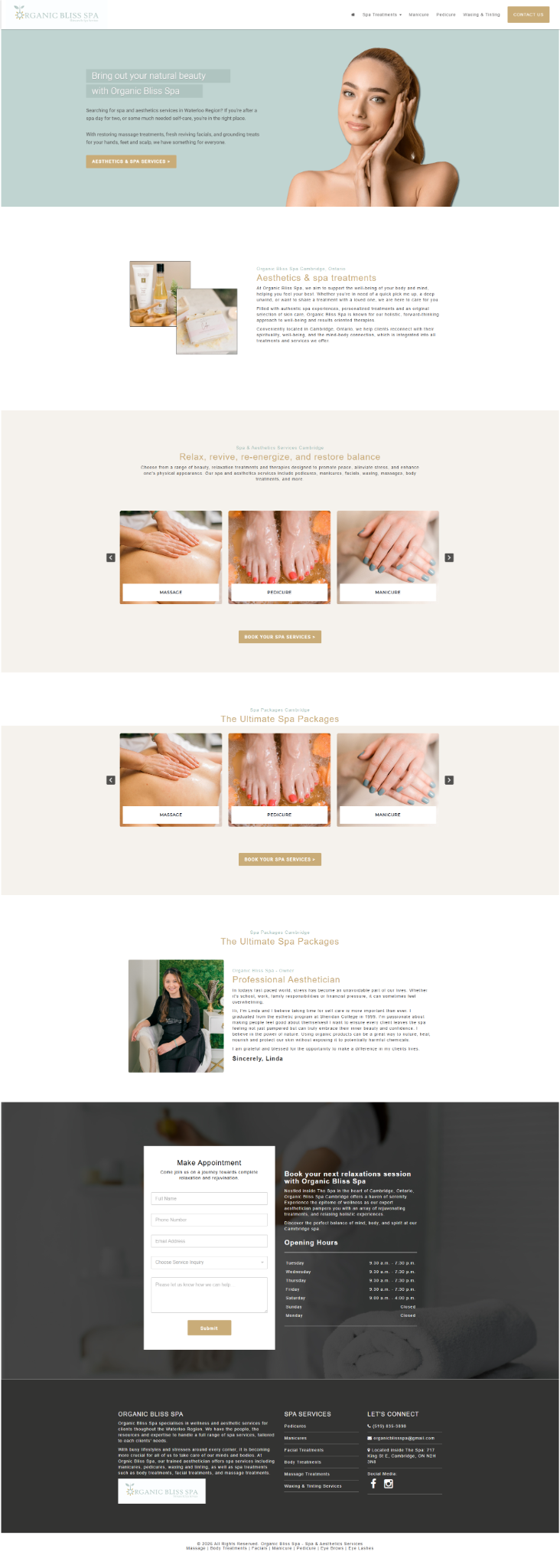 Full current Organic Bliss Spa website created by DotConnex