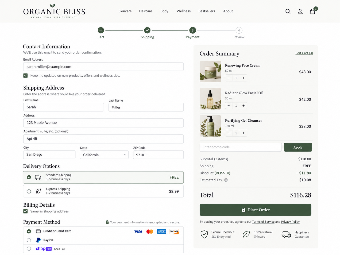Illustrative ecommerce checkout page with contact information, shipping, payment methods and order summary