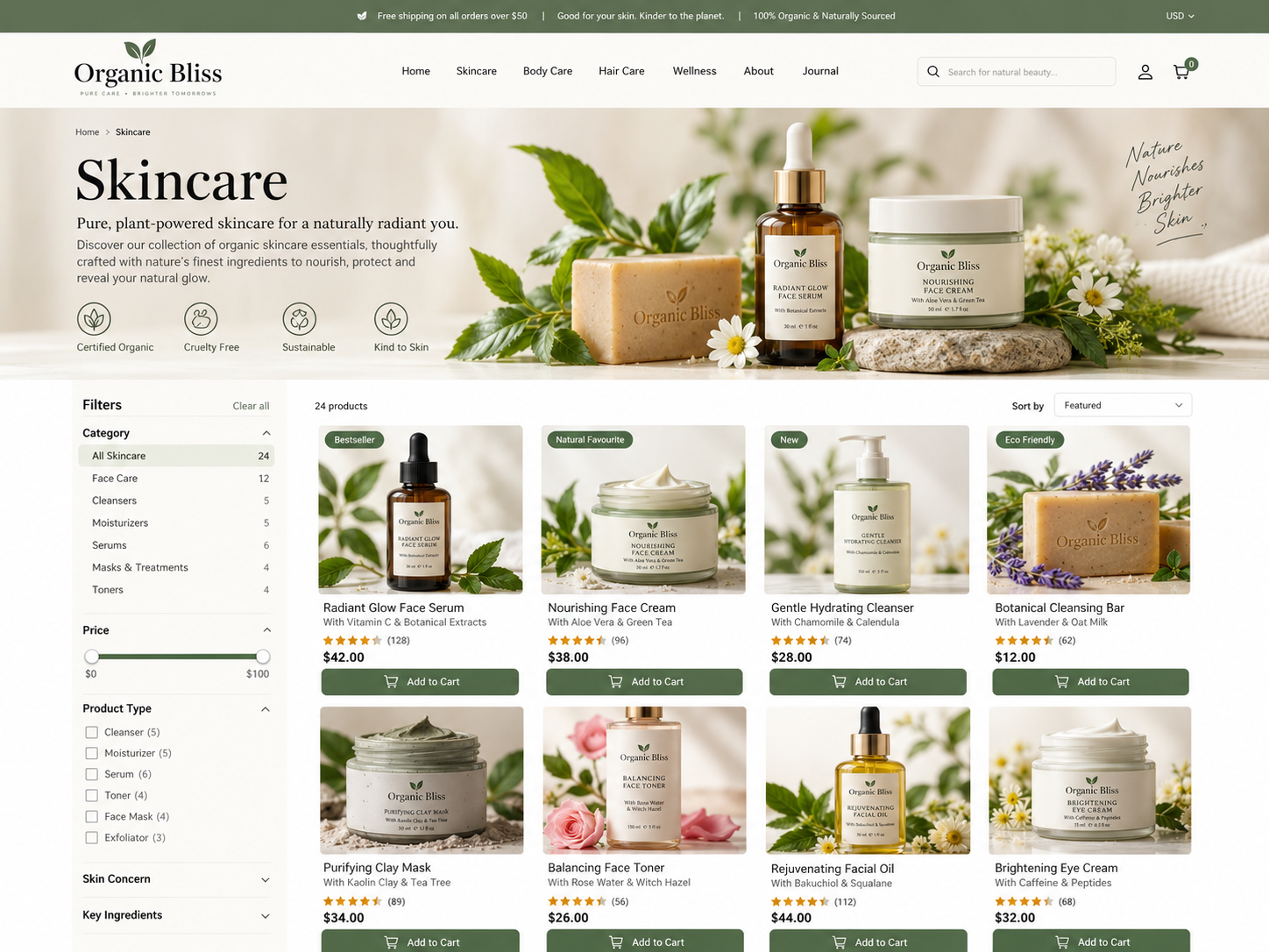 Illustrative ecommerce collection page with product filters, categories and product listings
